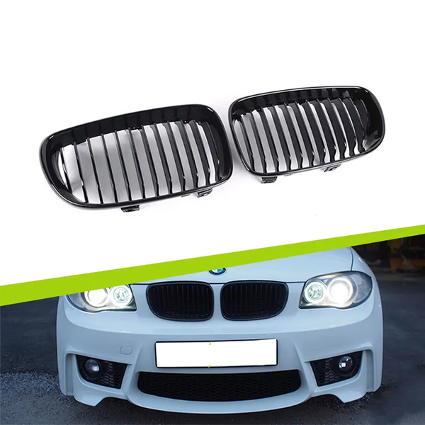 BMW E81 E87 1 Series 1M Style Single Slat Grill - Shiny ABS Black Kidney Front Grille